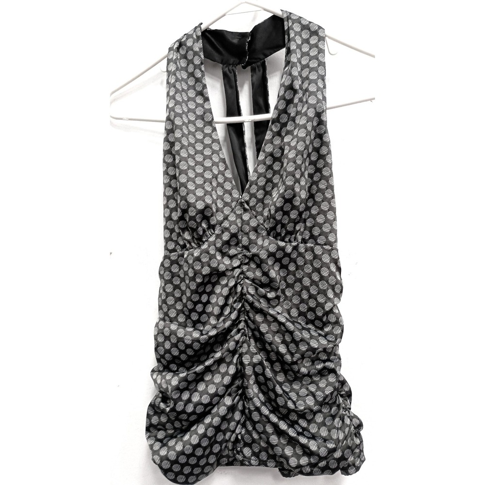 VTG Y2K Express Halter Top Womens Size 4 Gray Polka Dot Ruched Party Clubwear